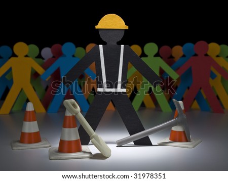 A paper construction worker stands on the spotlight with his tools and cones.