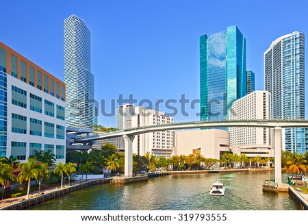 MIami Florida,Panorama of River and skyline of  business buildings in Brickell financial district on a beautiful summer day