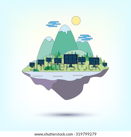 Vector illustration of flying island with mountains and trees with solar energy 