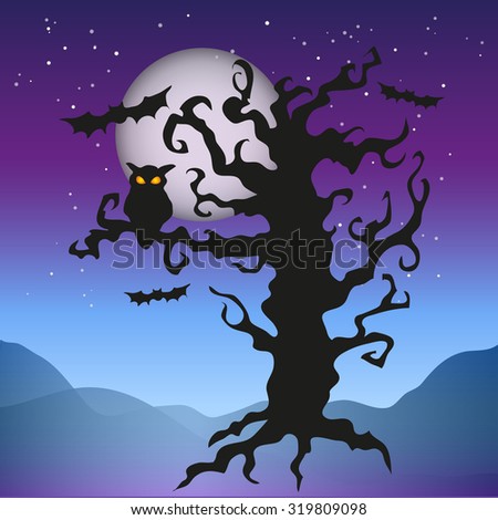 Silhouette of a tree with an owl and bats on a background of the moon on Halloween