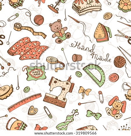 Hobby background. Crafting tools pattern. Handmade items seamless pattern.