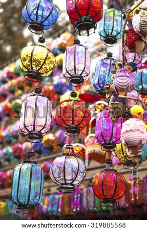 Close-up colorful international lanterns, Chiang Mai, Thailand