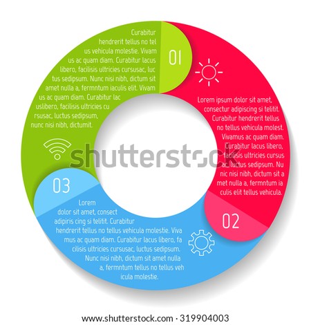 Vector round infographic diagram. Circular connected chart with 3 options. Paper progress steps for tutorial with folded parts. Business concept sequence banner. EPS10 workflow layout.