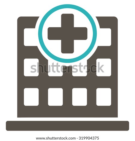 Clinic Building raster icon. Style is bicolor flat symbol, grey and cyan colors, rounded angles, white background.