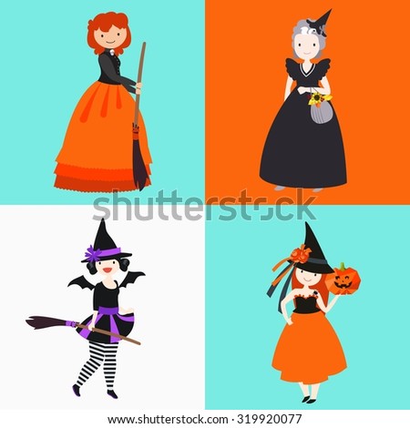Vector color set of girls in Halloween costumes