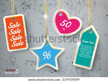 Colored price stickers on the concrete background. Eps 10 vector file.