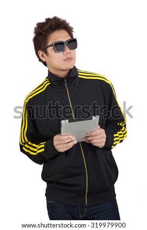 Young men playing a tablet isolated on a white background.