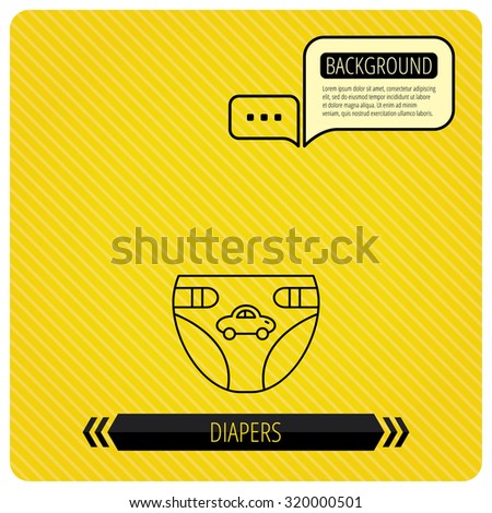 Diaper with car icon. Child underwear sign. Newborn protection symbol. Chat speech bubbles. Orange line background. Vector