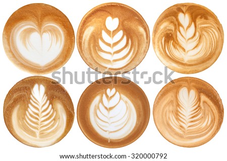 List of latte art shapes on white background isolated Royalty-Free Stock Photo #320000792