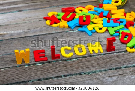 Welcome text on wood background