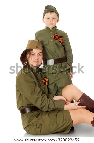 beautiful young woman and a little boy in the form of a Russian soldier during the second World war-Isolated on white background