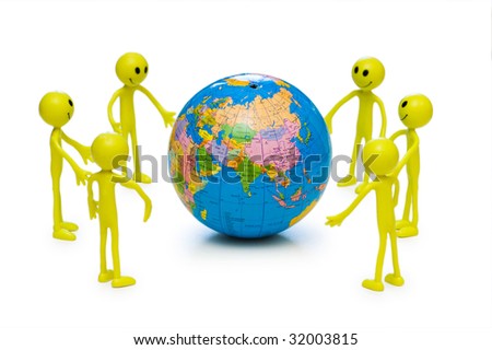 Smilies holding the globe isolated on white