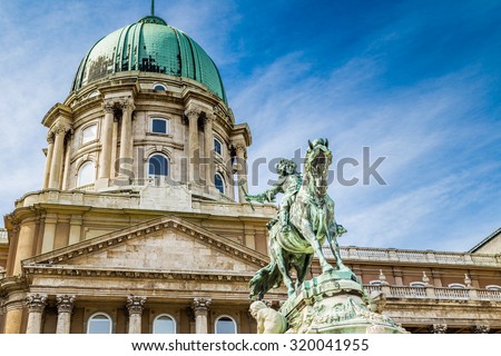 Buda Castle and equestrian  statue of Prince Eugene of Savoy in Budapest, Hungary Royalty-Free Stock Photo #320041955