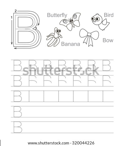 Vector exercise illustrated alphabet. Learn handwriting. Tracing worksheet for letter B. Page to be colored.