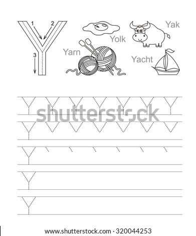 Vector exercise illustrated alphabet. Learn handwriting. Tracing worksheet for letter Y. Page to be colored.