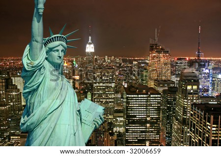 The Statue of Liberty and New York City skylines as the background