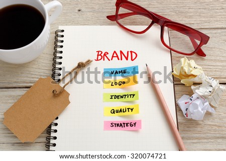 Brand marketing concept with notebook, brand tag and coffee cup on office desk