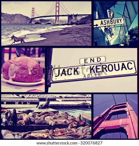 a collage of some pictures of different landmarks in San Francisco, United States, such as the Golden Gate Bridge, the sign of the Ashbury street or the sea lions in the Pier 39, cross processed