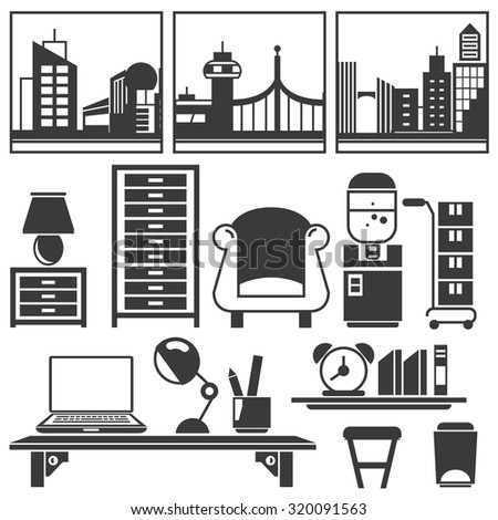 office interior design with furniture icons