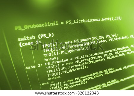 Digital technology modern background. Computer programming source code abstract screen of software developer. Shallow depth of field, selective focus effect. Code text written and created by myself