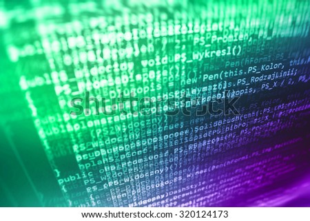 Digital technology modern background. Computer programming source code abstract screen of software developer. Shallow depth of field, selective focus effect. Code text written and created by myself