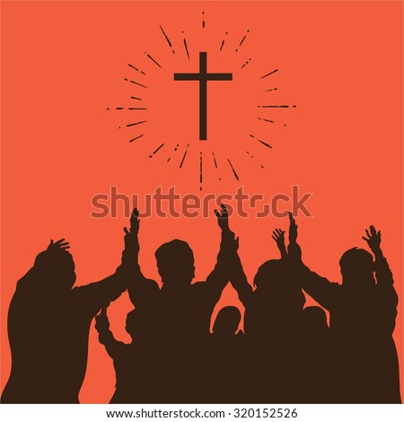Group worship, raised hands, cross, worship, silhouettes, praise Royalty-Free Stock Photo #320152526