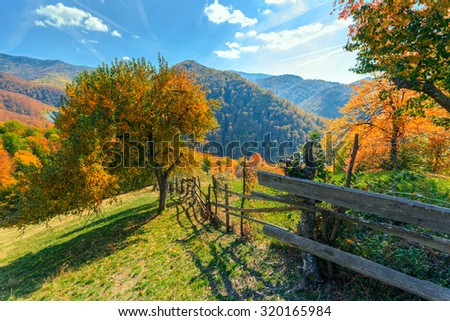 Colorful autumn landscape scene with fence in Transylvania mountain-Romania