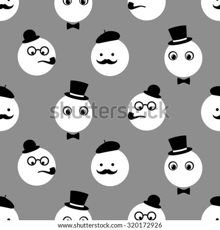 Seamless pattern with abstract funny cartoon  faces with glasses, mustache, bow-tie, hat, tobacco pipe on grey background. Child drawing style persons.