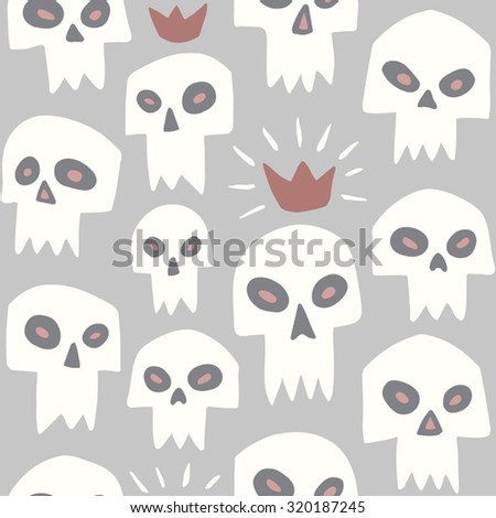 Hand drawn evil skulls seamless pattern. Cute cartoon sculls with sharp vampire teeth and shining crown. Halloween background.