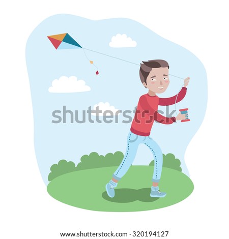 Vector colorful illustration of happy boy is walking in a park with his a kite flying