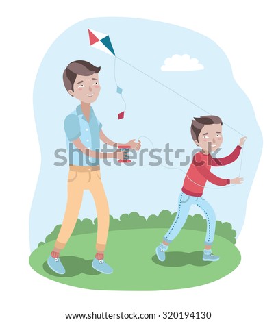 Vector colorful illustration of happy son and his father in a park with their kite flying