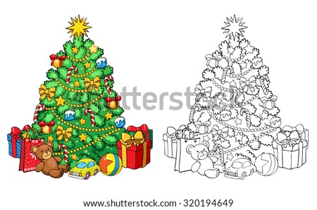Coloring book or page, illustration. Christmas tree with decorations and gifts. Greeting card concept.