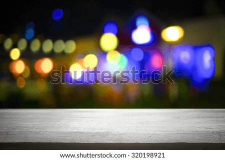 wooden desk platform and bokeh at night for product presentation