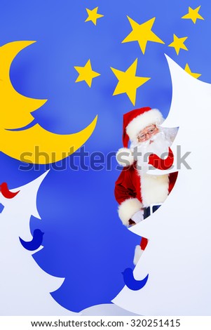 Santa Claus in a cartoon fairy snowy forest. Full length portrait.