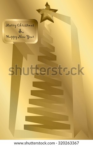 Precious Gold Greeting or invitation card for merry christmas and happy new year.Luxurious look. Spiral of golden ribbon in shape of christmas tree with golden star on top.