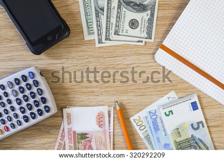 money; stock; banking; mobile, bookkeeping, revenue, income, business; dollar; euro; ruble;  