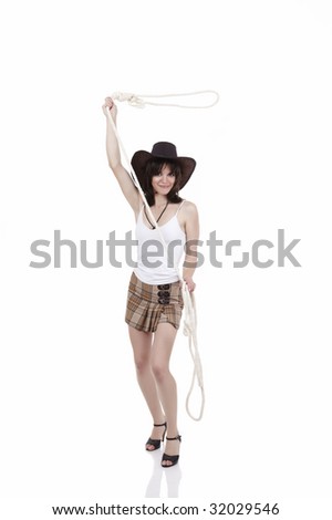 The young beautiful girl with lasso on a white background