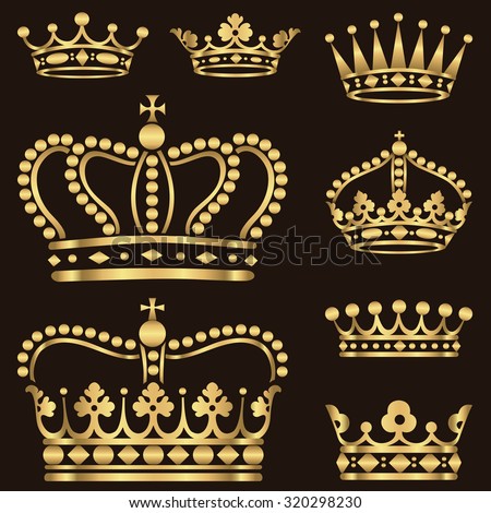 Gold Crown Set - Set of ornate gold crowns.  Colors in gradients are just a few global swatches, so file can be recolored easily.  Each crown is grouped individually for easy editing.