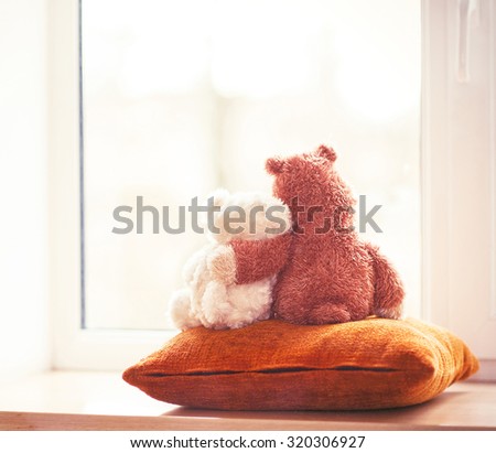 Two loving embracing teddy bear toys  looking through the window sitting on window-sill. Filtered square indoors image