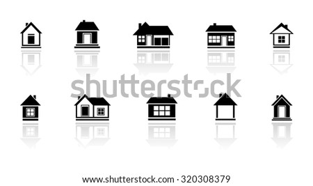 set isolated cottage and home with mirror reflection silhouette