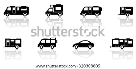 black silhouette caravan or camper van icons set