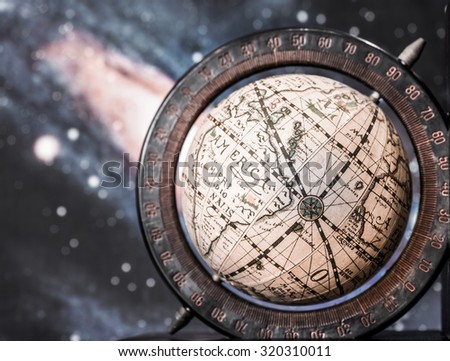 Old style world globe with a planet background.