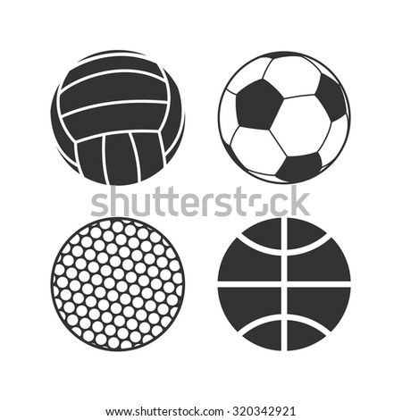 Sport balls icons. Volleyball, Basketball, Soccer and Golf signs. Team sport games. Flat icons on white. Vector