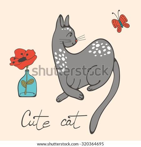 Illustration of a cat and a flower in glass vase. Illustration in vector format