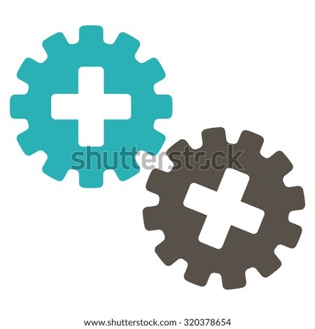 Medical Gears vector icon. Style is bicolor flat symbol, grey and cyan colors, rounded angles, white background.