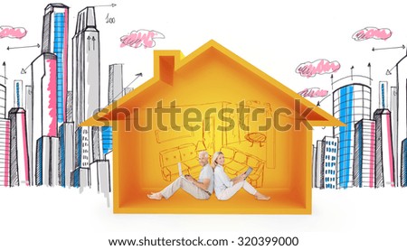 Portrait couple sitting against while using technology against house shape with living room sketch