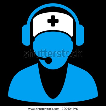 Hospital Receptionist vector icon. Style is bicolor flat symbol, blue and white colors, rounded angles, black background.