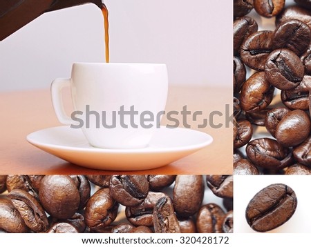 Collage of pictures related to a coffee.