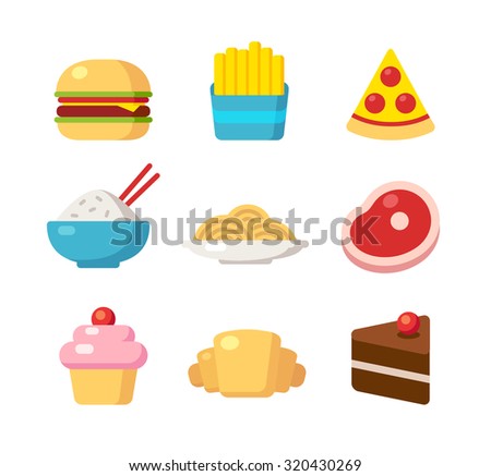 Restaurant and cafe food icons, different cuisines. Fast food, meals and desserts. Bright cartoon vector illustration.