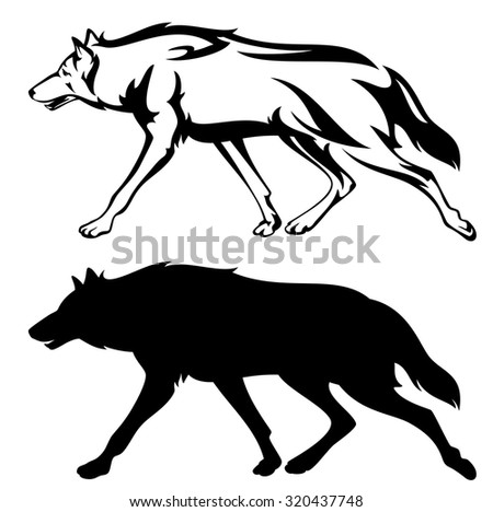 running wolf outline and silhouette - black and white vector design